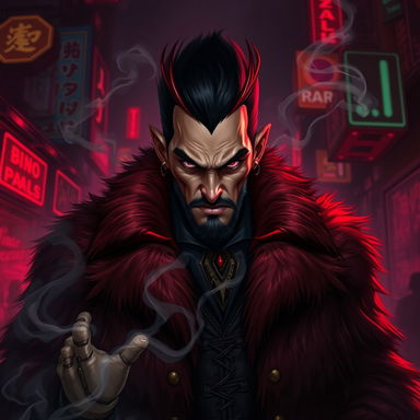 A dynamic 2D illustration of Donny Deals, a menacing and charismatic crime lord in a dystopian hive city setting
