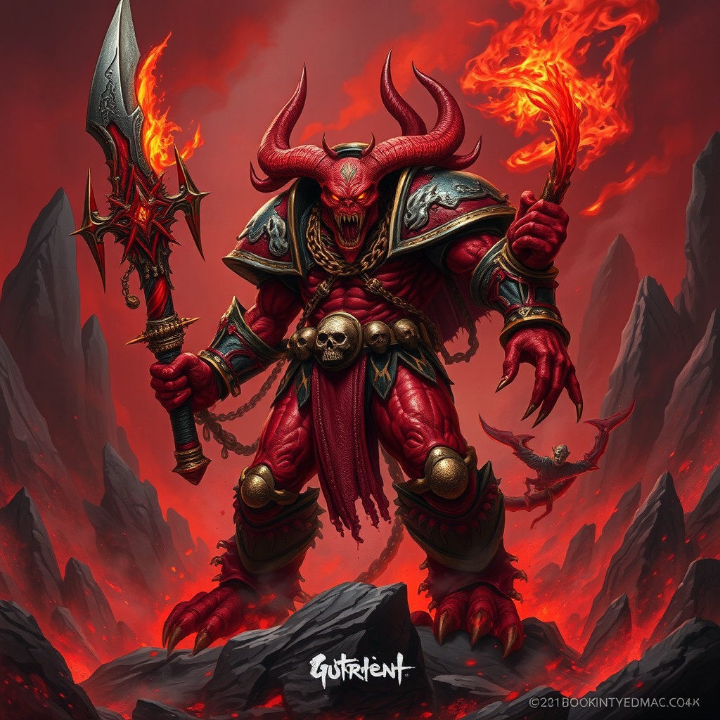 A fearsome Bloodletter of Khorne, a tall, demonic warrior with red skin, sharp claws, and a massive, fiery sword