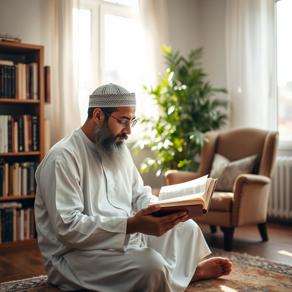 A Muslim man engrossed in reading a book in a serene environment, with a soft sunlight filtering through the window, casting gentle shadows
