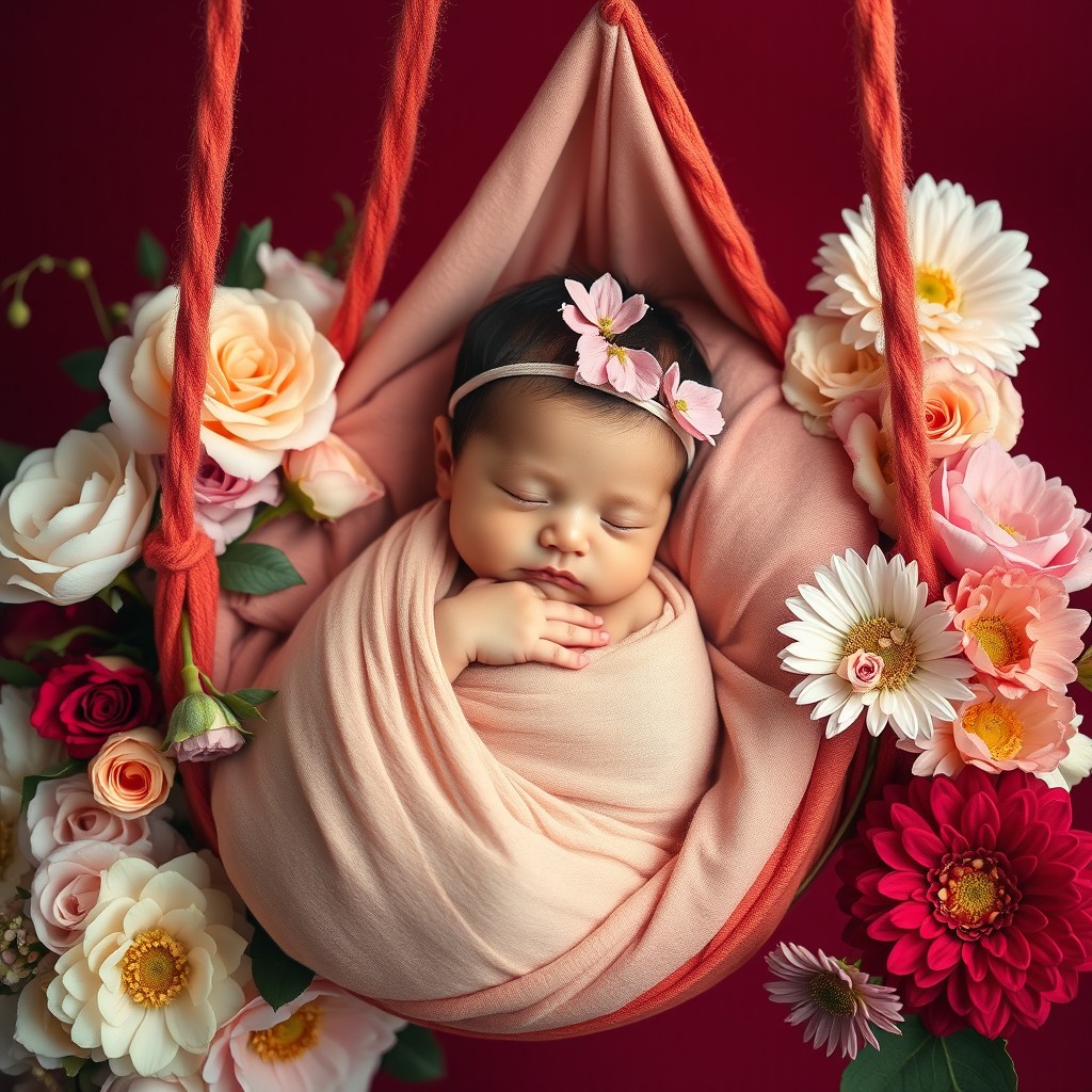 A high-definition newborn baby photoshoot scene featuring a peacefully sleeping baby wrapped in a soft beige swaddle, lying in a red hanging fabric swing