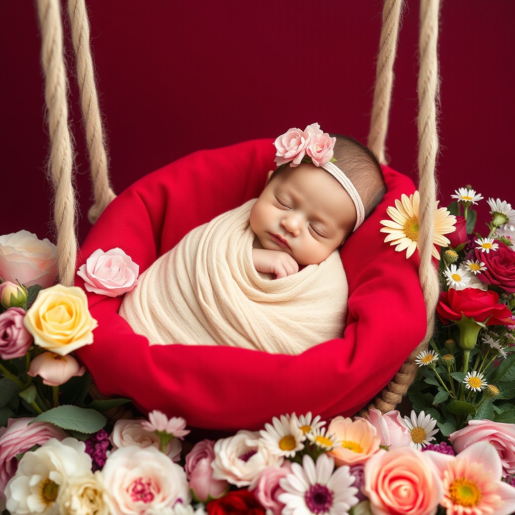 A peacefully sleeping newborn baby wrapped in a soft beige swaddle, lying in a red fabric swing