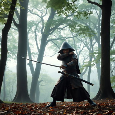 A skilled samurai clad in traditional armor, practicing his swordsmanship amidst a serene, misty forest