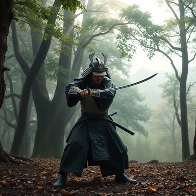 A skilled samurai clad in traditional armor, practicing his swordsmanship amidst a serene, misty forest