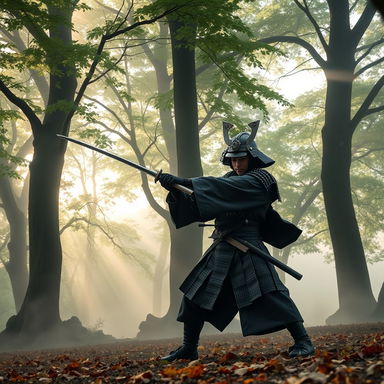 A skilled samurai clad in traditional armor, practicing his swordsmanship amidst a serene, misty forest