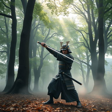 A skilled samurai clad in traditional armor, practicing his swordsmanship amidst a serene, misty forest
