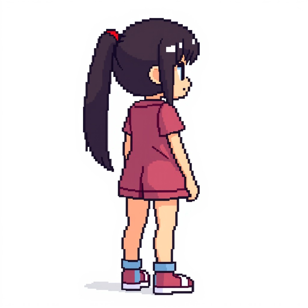 A pixel art character model designed in the anime style, depicted from the side view