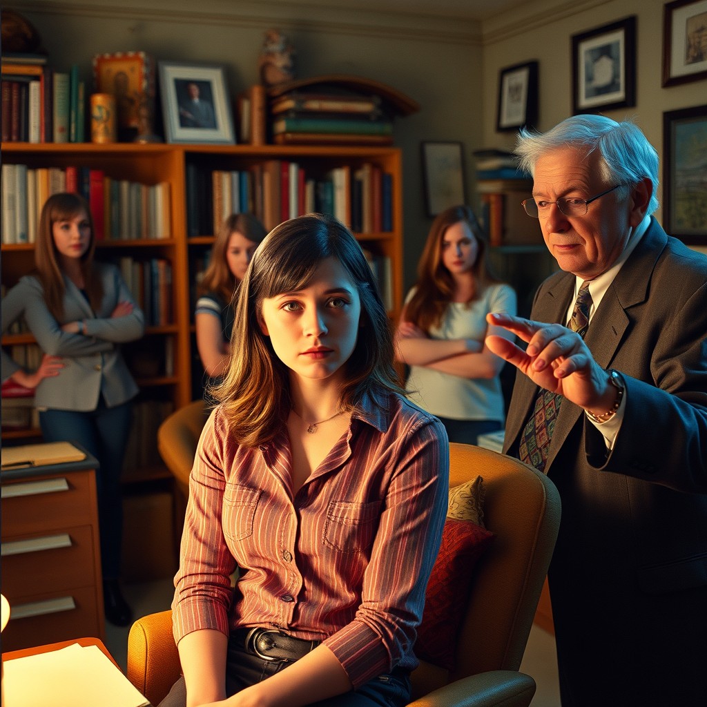 A dramatic scene featuring Kristy from the Babysitter's Club, portrayed as a stylish teenage girl with a concerned expression, standing in an office setting that highlights a psychiatrist's eclectic collection of books and hypnotic tools