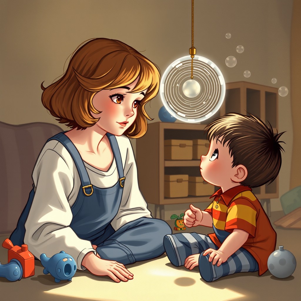 Mary-Ann Spier from the Babysitter's Club is depicted in a whimsical scene, entranced and hypnotized by the boy she is babysitting