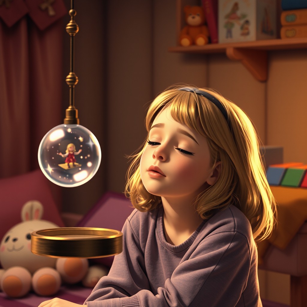 Mary-Ann Spier from the Babysitter's Club is portrayed in a whimsical and enchanting scene, hypnotized by the boy she is babysitting