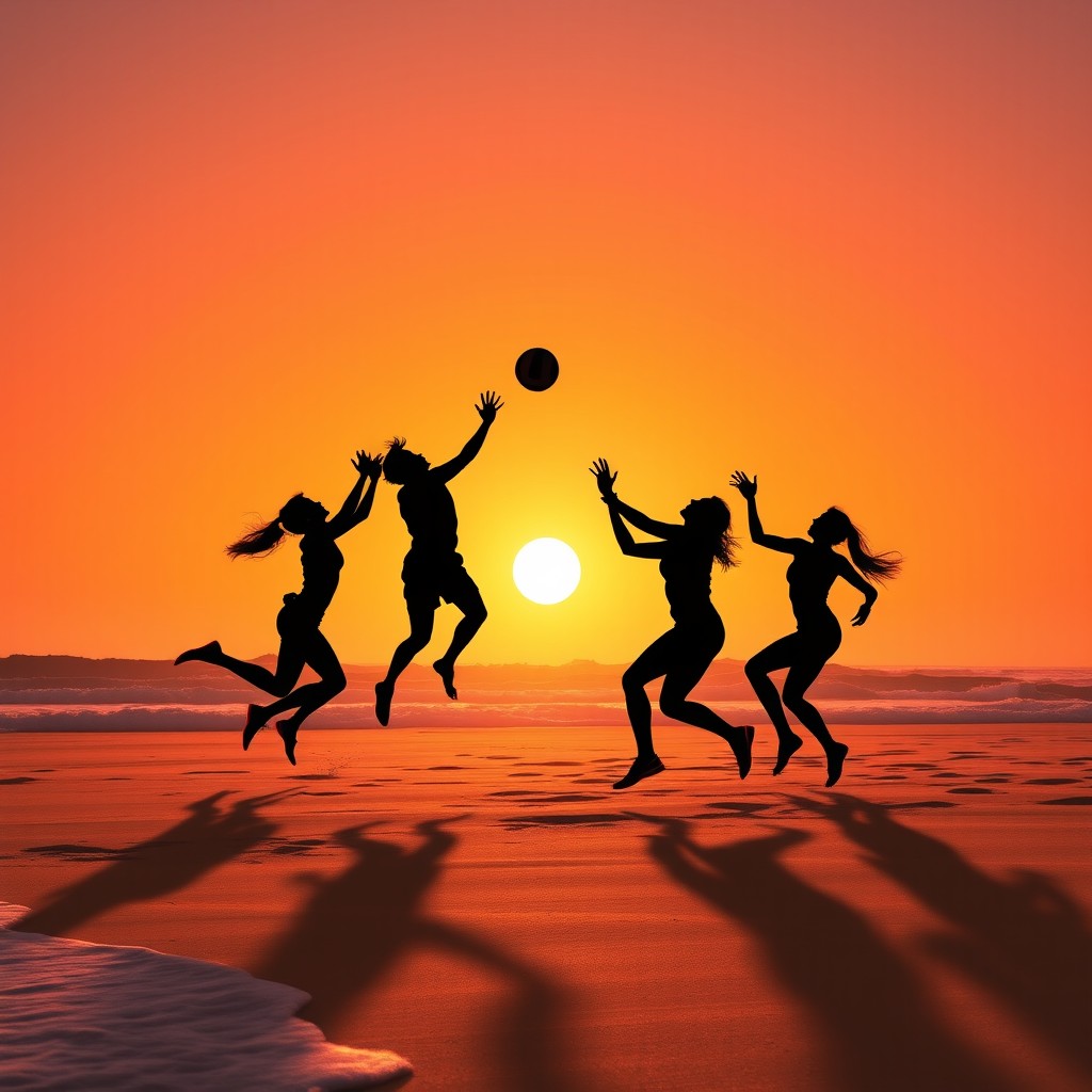 A dynamic and energetic scene of a shadow volleyball match taking place on a sandy beach during sunset