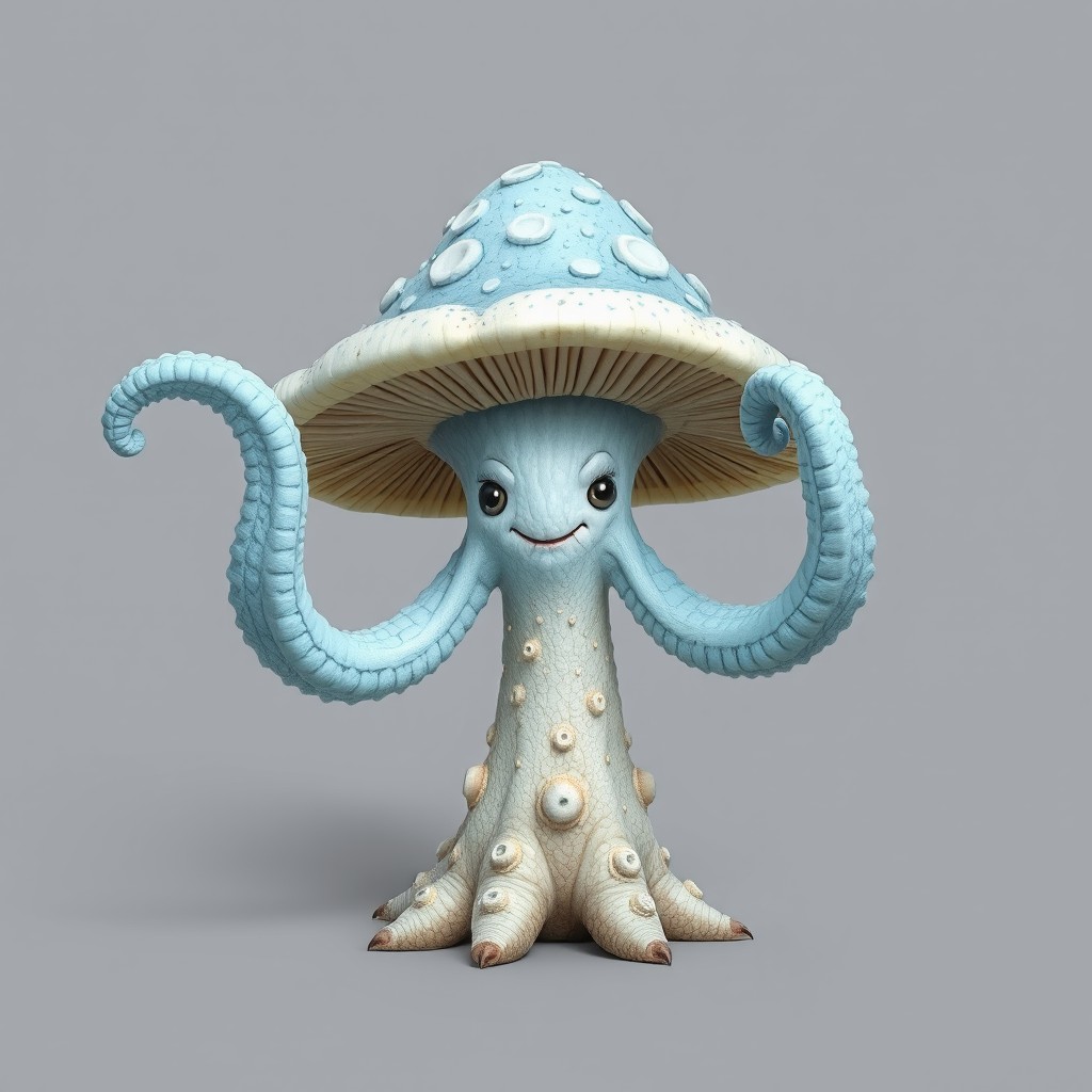 A large light-blue myconid, a whimsical mushroom creature, characterized by two giant tentacle-like arms extending gracefully from its body