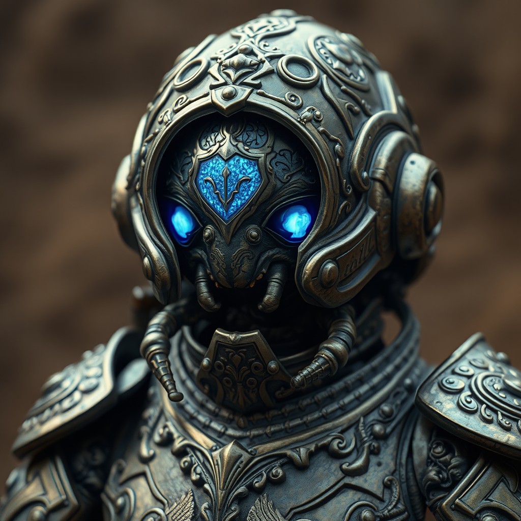 A myconid completely encased in intricately designed metal armor, with only its mesmerizing blue glowing eyes visible through the helmet