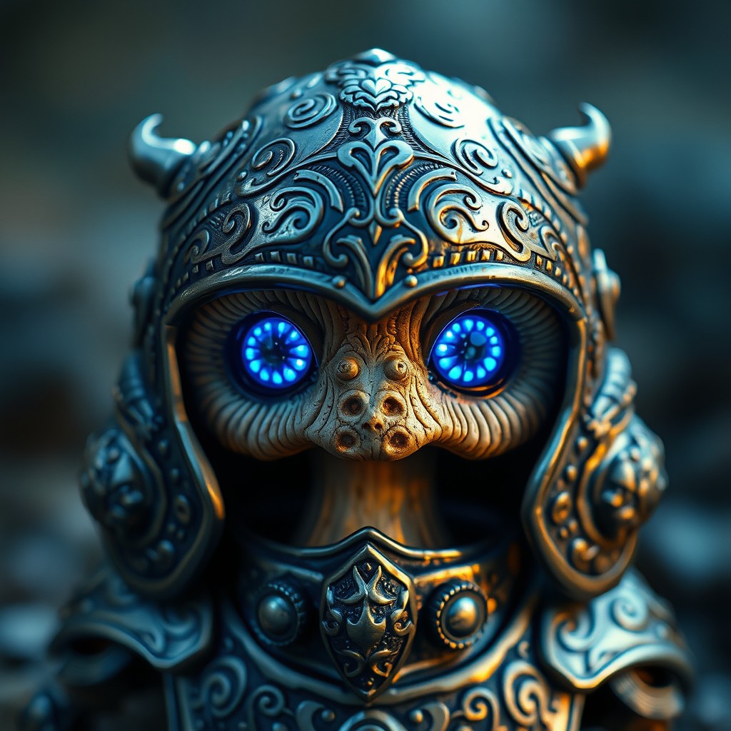 A whimsical mushroom entirely encased in brilliantly designed metal armor, showcasing intricate engravings and textures that reflect a blend of nature and craftsmanship