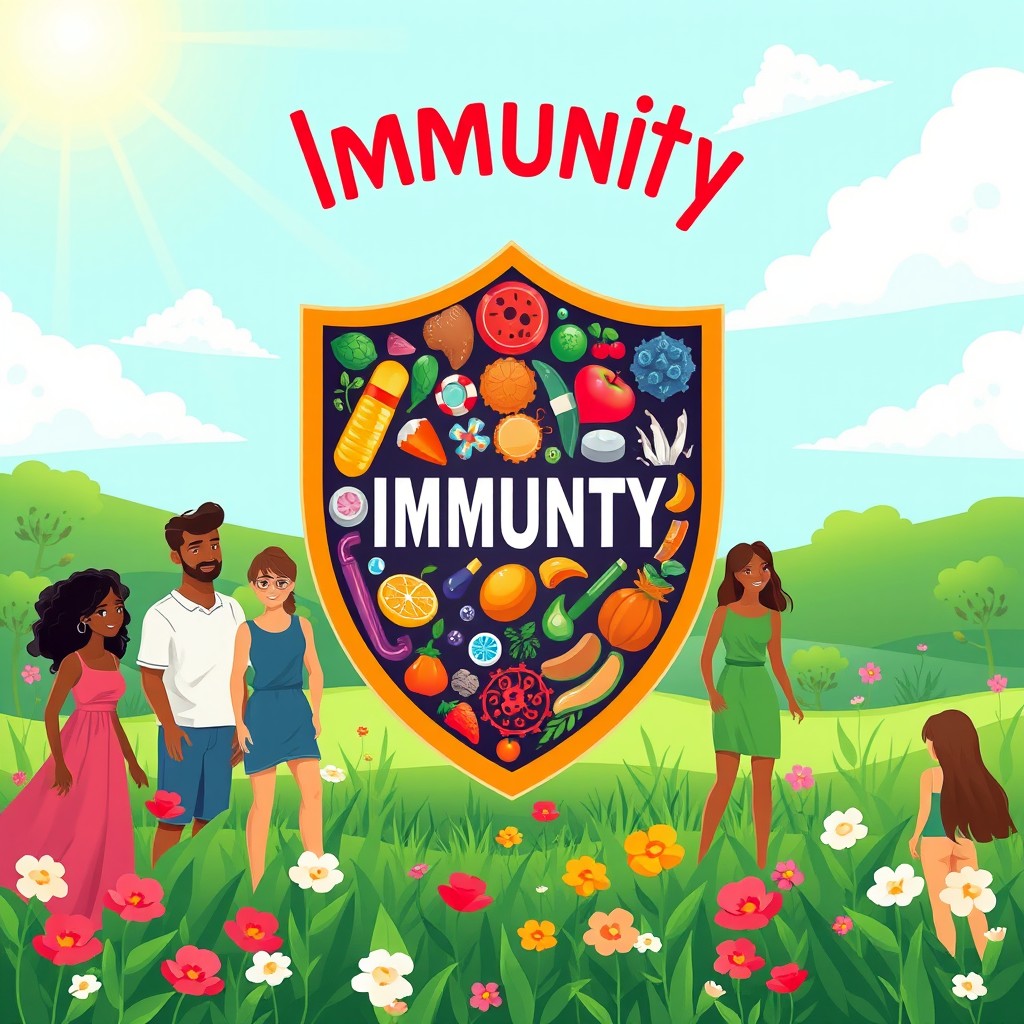 A vibrant illustration representing the concept of immunity, depicted as a colorful shield made of various elements, symbolizing health and protection, surrounded by diverse healthy human figures representing different ethnicities and ages, all standing confidently in a lush green landscape filled with sunlight and blooming flowers