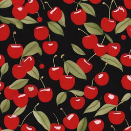 A cloth design featuring a pattern of red cherries with leaves against a black background.