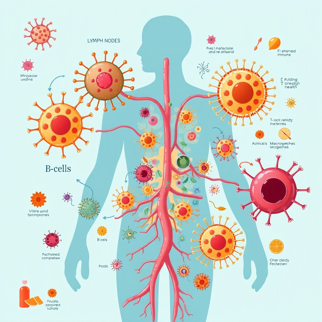 A detailed and educational illustration of the human immune system, showcasing various components such as lymph nodes, T-cells, B-cells, and macrophages in vibrant colors and intricate details