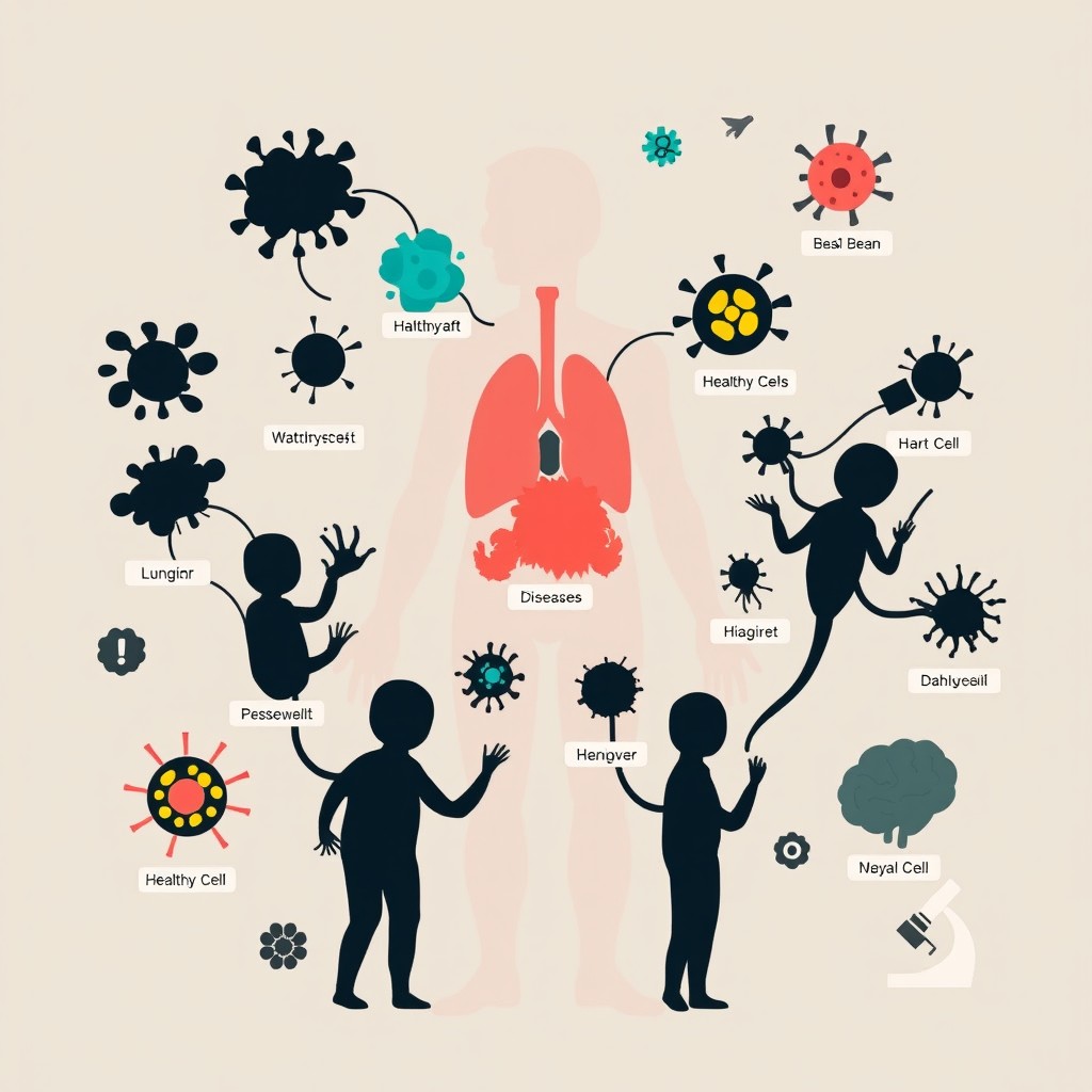 An educational and thought-provoking illustration showcasing a variety of diseases represented abstractly as dark shadowy figures or blobs that interact with healthy cells depicted in bright colors