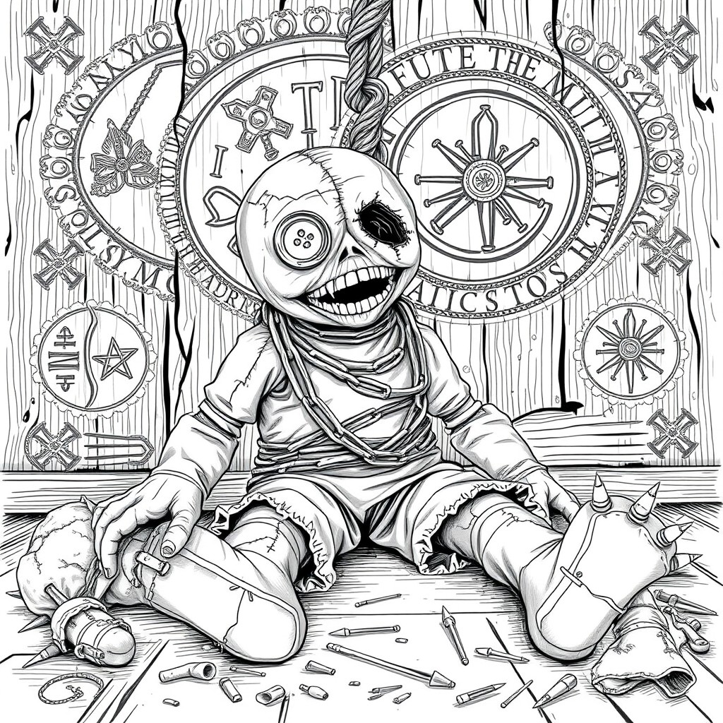 A creepy rag doll sitting on the floor, her limbs, neck, and torso tightly wrapped in large, rusty chains