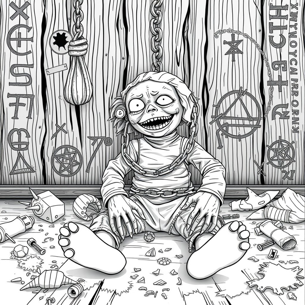 A creepy rag doll sitting on the floor with her limbs, neck, and torso wrapped in large, rusty chains