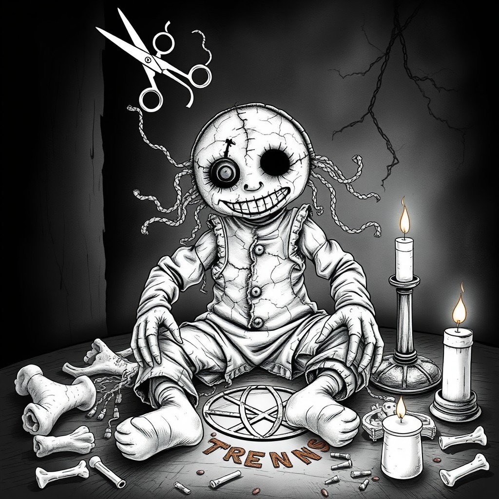 A terrifying rag witch doll sitting unnaturally still in a dark, cursed room, her stitched body made of cracked, aged fabrics with visible seams oozing black mist