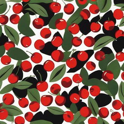 A cloth design featuring a pattern of red cherries with leaves against a black background.