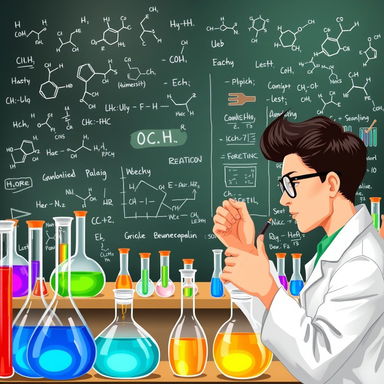 A detailed illustration of an organic chemistry laboratory, showcasing various glassware such as beakers, flasks, and test tubes filled with colorful liquids
