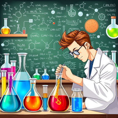 A detailed illustration of an organic chemistry laboratory, showcasing various glassware such as beakers, flasks, and test tubes filled with colorful liquids