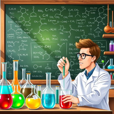 A detailed illustration of an organic chemistry laboratory, showcasing various glassware such as beakers, flasks, and test tubes filled with colorful liquids