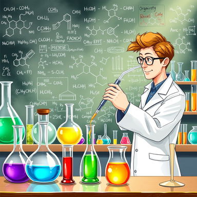 A detailed illustration of an organic chemistry laboratory, showcasing various glassware such as beakers, flasks, and test tubes filled with colorful liquids