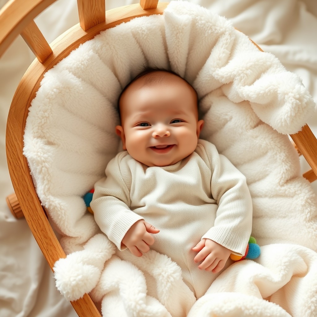 A cute baby lying on a soft cradle with a luxurious white background, showcasing the innocence and joy of infancy