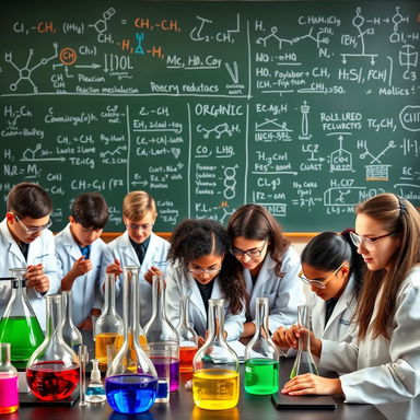 An engaging depiction of an organic chemistry classroom, featuring a variety of glassware like beakers, flasks, and pipettes filled with brightly colored chemicals
