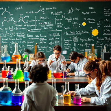 An engaging depiction of an organic chemistry classroom, featuring a variety of glassware like beakers, flasks, and pipettes filled with brightly colored chemicals