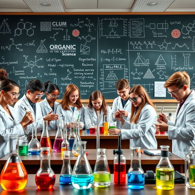 An engaging depiction of an organic chemistry classroom, featuring a variety of glassware like beakers, flasks, and pipettes filled with brightly colored chemicals