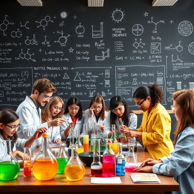 An engaging depiction of an organic chemistry classroom, featuring a variety of glassware like beakers, flasks, and pipettes filled with brightly colored chemicals