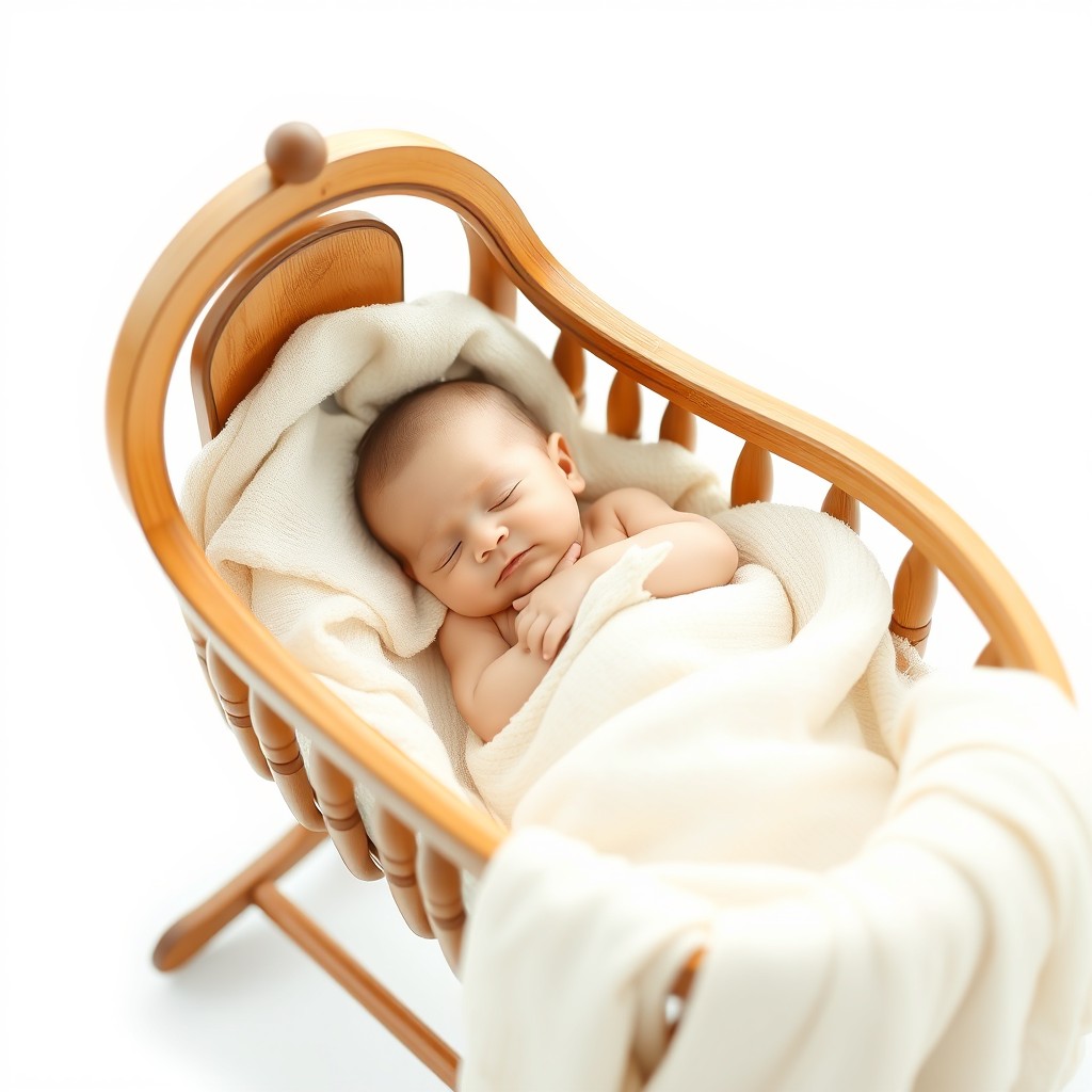 A serene scene featuring a baby peacefully sleeping in a cozy cradle, surrounded by soft blankets