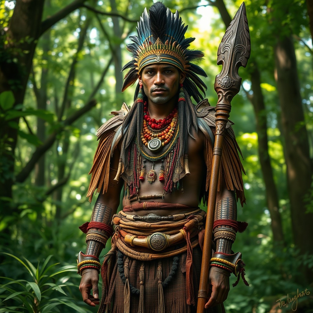 An ancient tribal warrior standing in a lush green forest