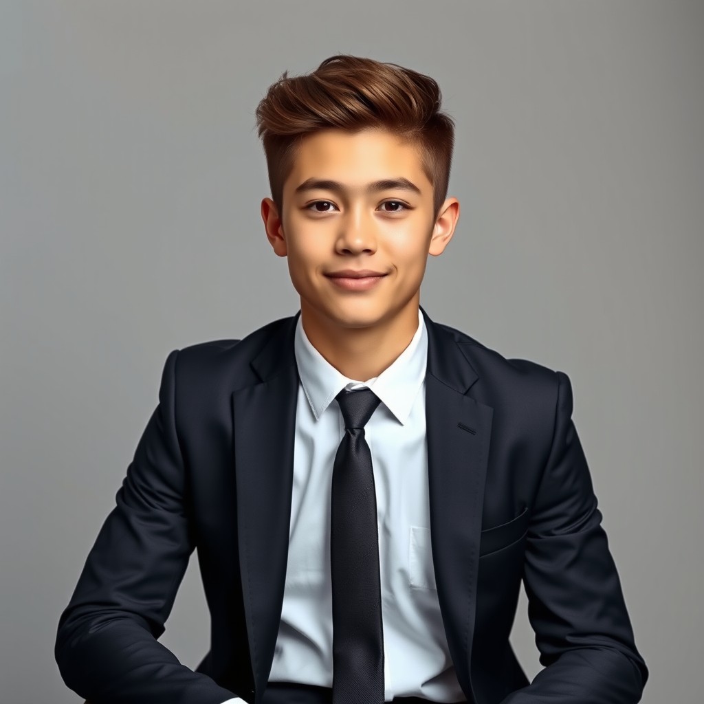 Ultra-realistic professional studio portrait of a 15-year-old teenager, wearing a modern fitted dark suit and tie, sitting confidently on a stool
