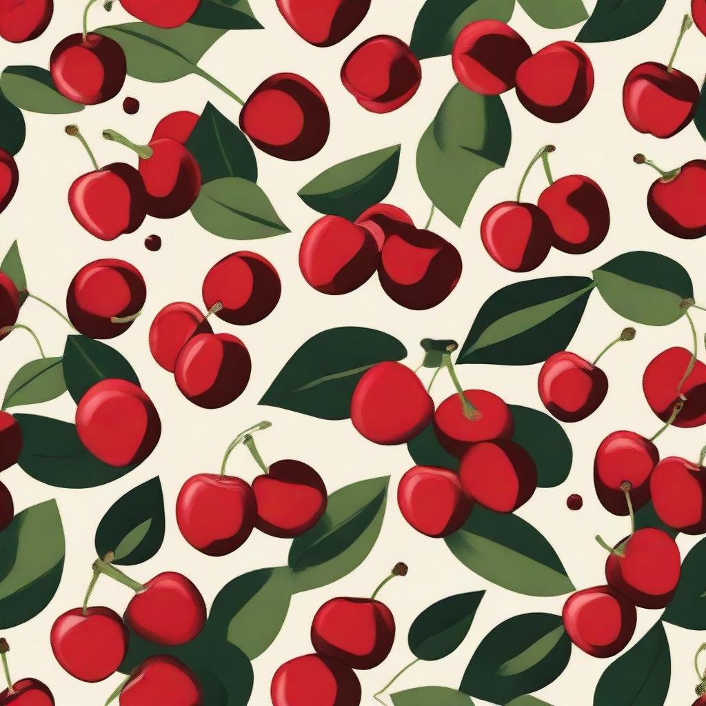 A cloth design featuring a pattern of red cherries with leaves against a black background.