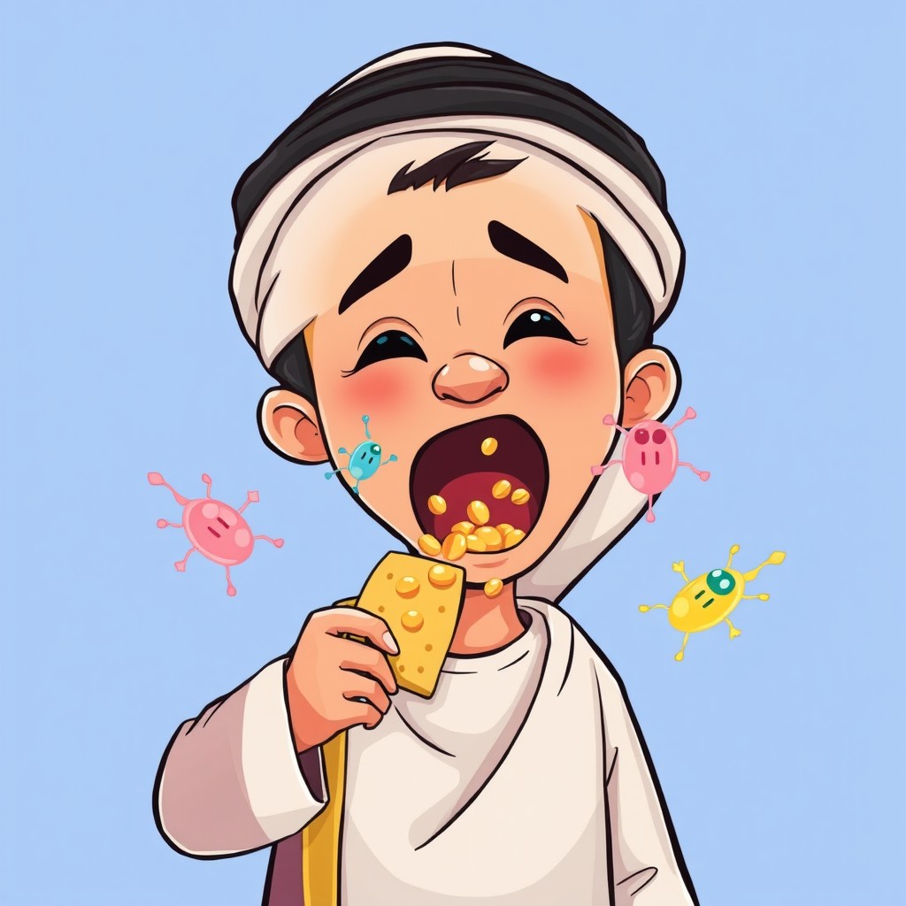 A vibrant and colorful cartoon illustration of an Arab boy wearing traditional clothing, including a thobe and head covering, as he puts a cracker or biscuit into his mouth