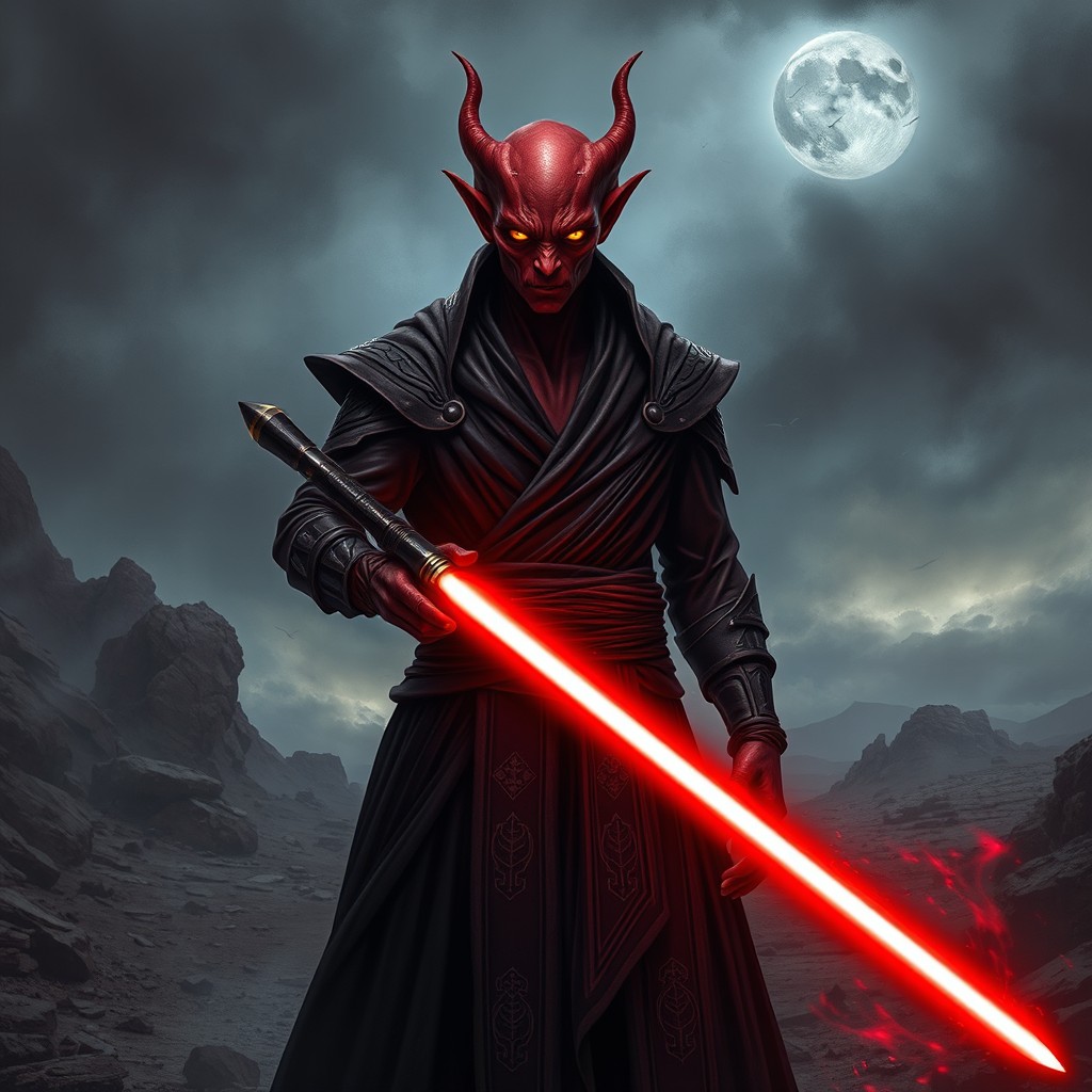 A fierce Sith pureblood sithspawn, showcasing their distinct red skin, elongated facial features, and sharp, pointed ears