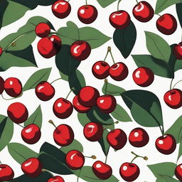 A cloth design featuring a pattern of red cherries with leaves against a black background.