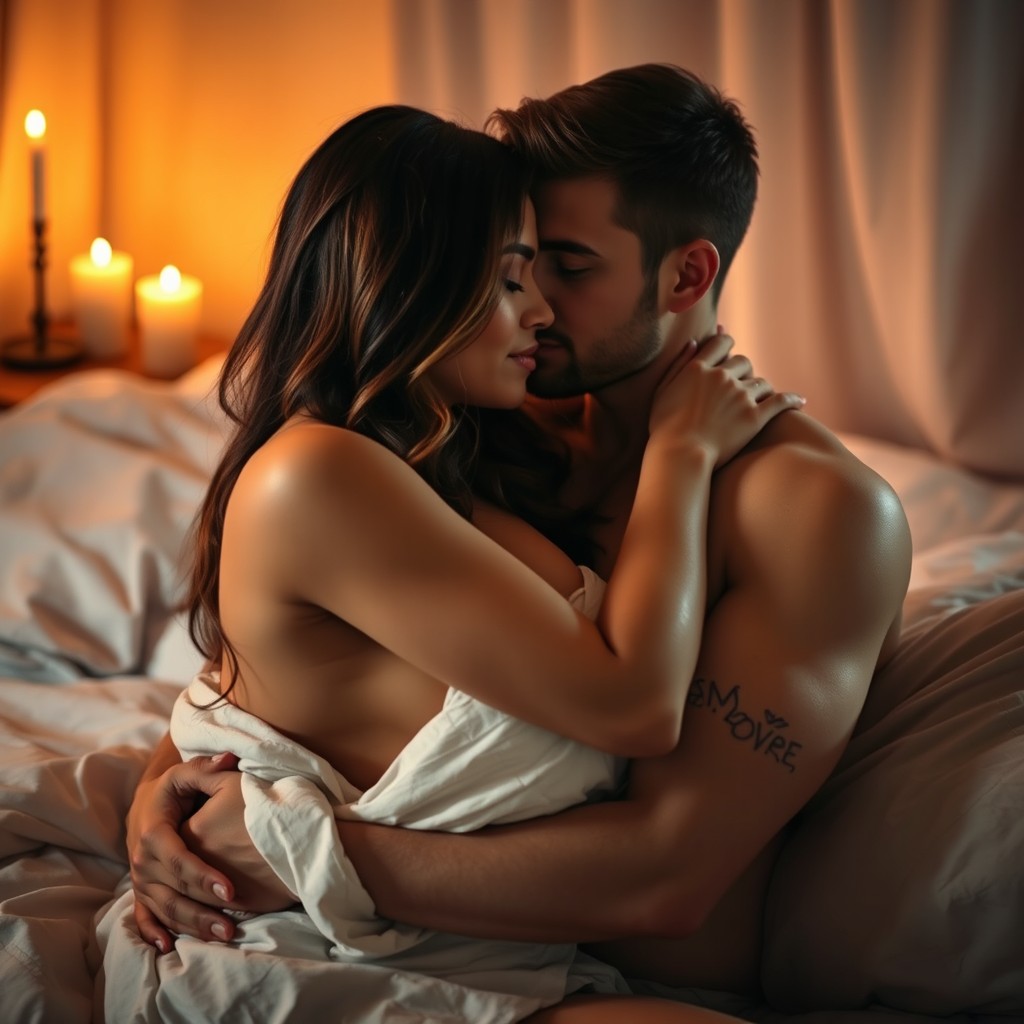 A passionate couple intimately embracing each other in a romantic setting, their bodies in soft focus to highlight the emotional connection