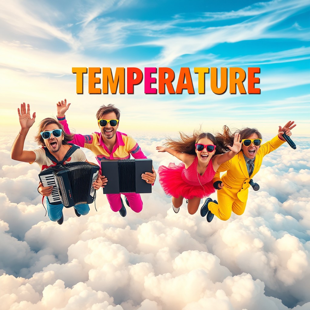 Four energetic musicians flying high above fluffy clouds in colorful party attire