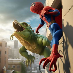 A three-year-old boy wearing a Spiderman costume, swinging from a building to combat a large lizard monster in a fantasy world.