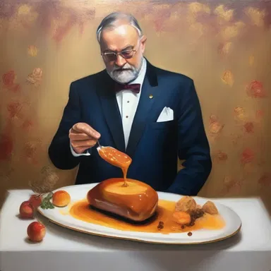 The painting showcased a luxurious feast with delicacies like pate de foie gras.