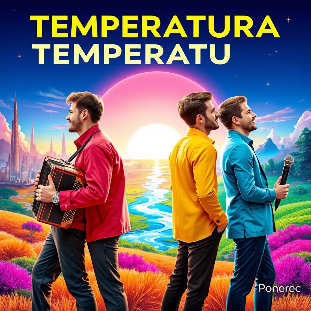 Four male musicians standing back to back in a colorful landscape, each representing a different instrument: one with an accordion, one at a piano, another as a DJ, and the last holding a microphone