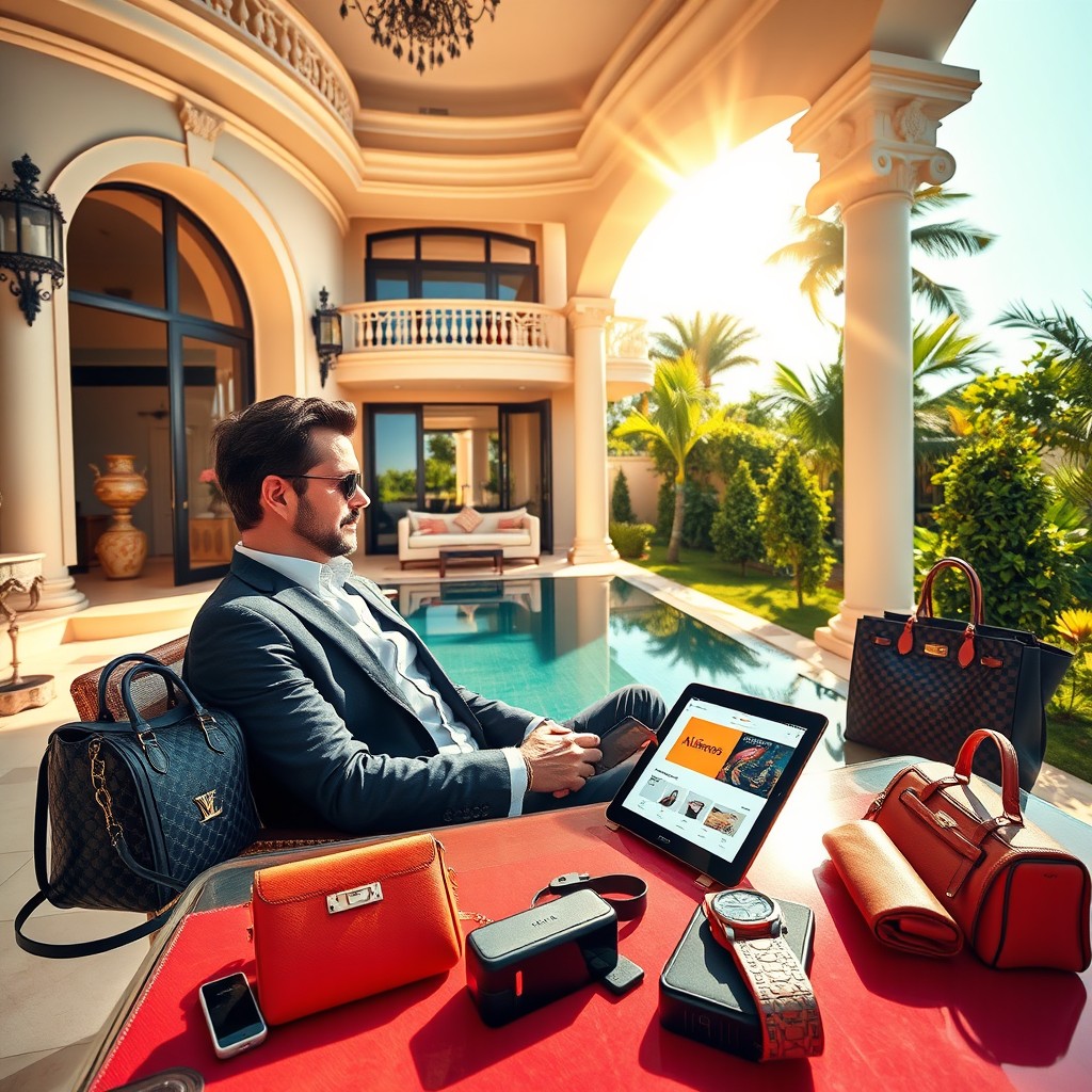 A visually stunning and elegant depiction of a luxurious lifestyle, showcasing a wealthy individual enjoying the perks of life as a millionaire