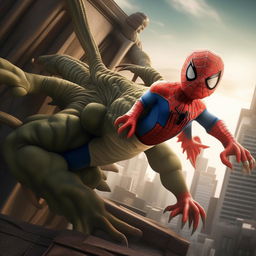 A three-year-old boy wearing a Spiderman costume, swinging from a building to combat a large lizard monster in a fantasy world.