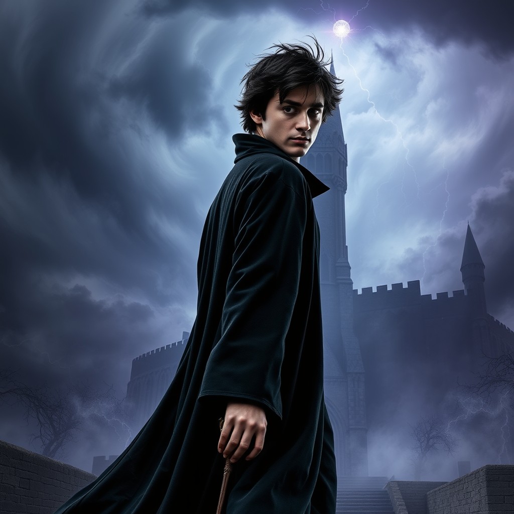 An adult wizard named Harry Potter, wearing a long black cloak, walking toward a dark, gothic stone tower in the distance