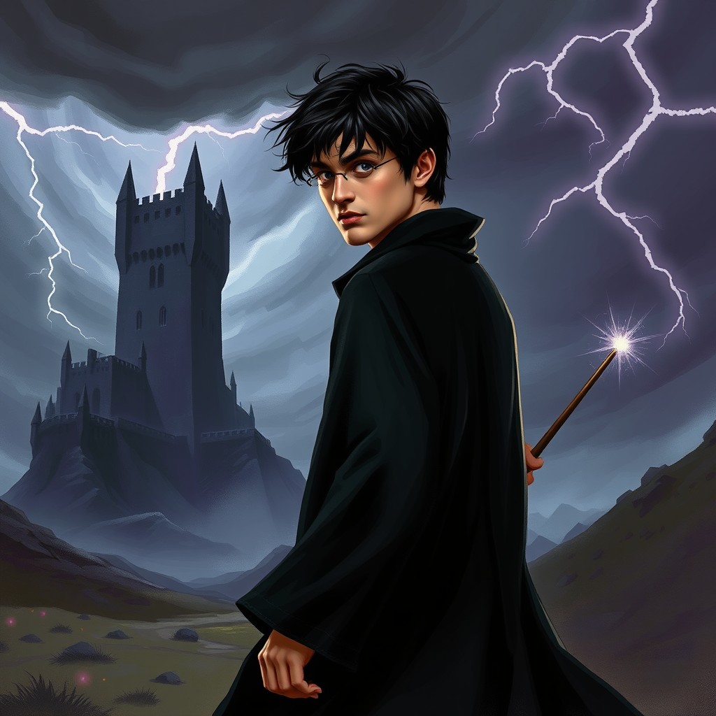 An adult wizard named Harry Potter, wearing a long black cloak, walking toward a dark, gothic stone tower in the distance